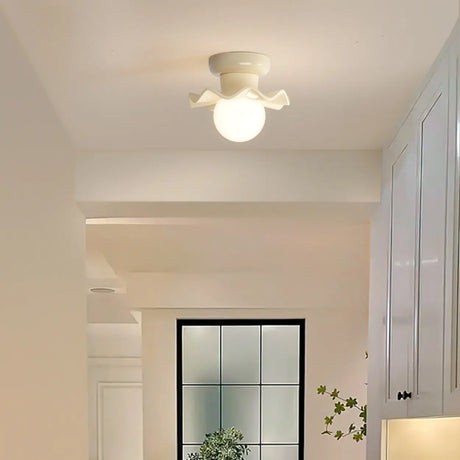 Hallway Resin Cream Flower Ball Semi-Flush Ceiling Lamp Image - 2