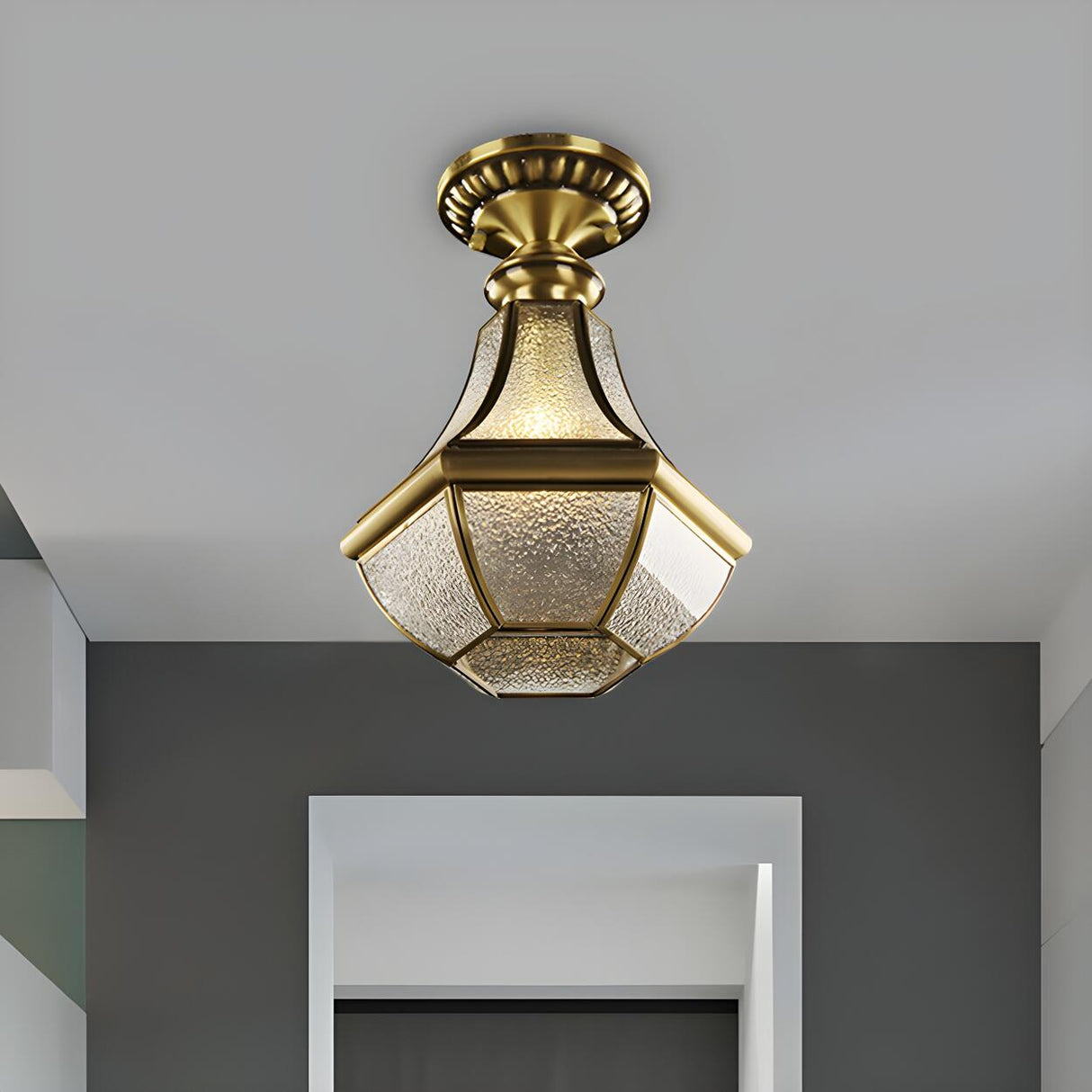 Hallway Rustic Bell Brass Ripple Glass Flush Mount Lamp Image - 2