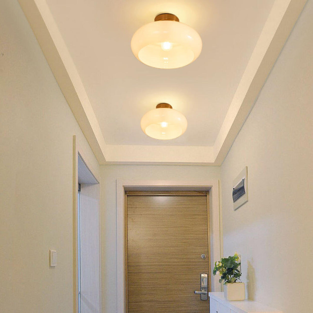 Hallway Simple White Drum Glass Semi-Flush Mount Light Image - 3