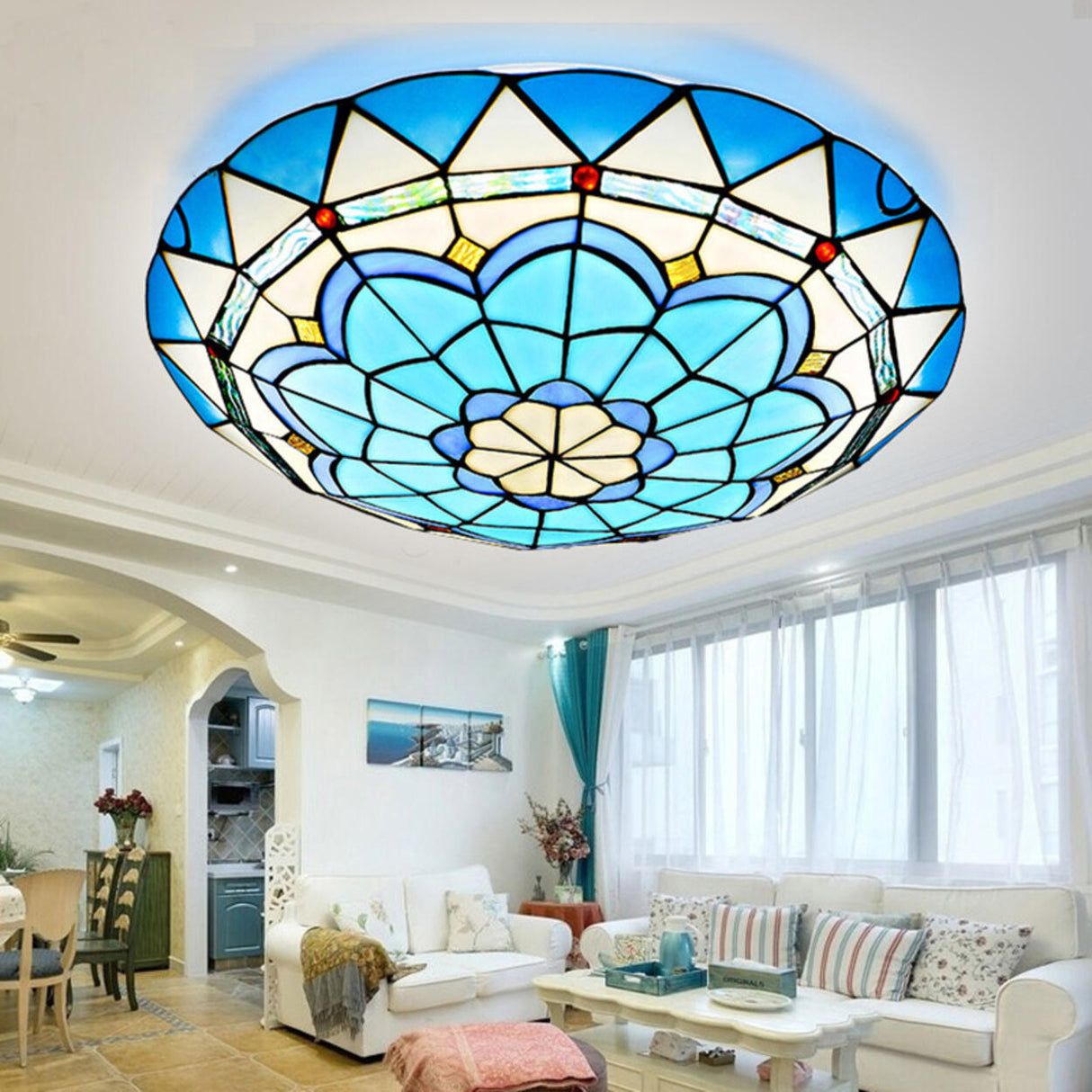 Hallway Tiffany Blue Bowl-Shaped LED Flush Mount Light Image - 4