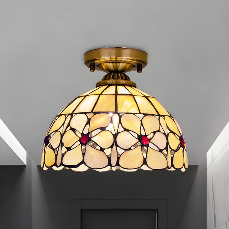 Hallway Tiffany Bowl Shape Brass Glass Flush Mount Lamp Image - 2