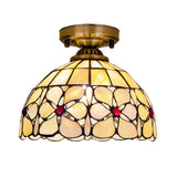 Hallway Tiffany Bowl Shape Brass Glass Flush Mount Lamp Image - 3