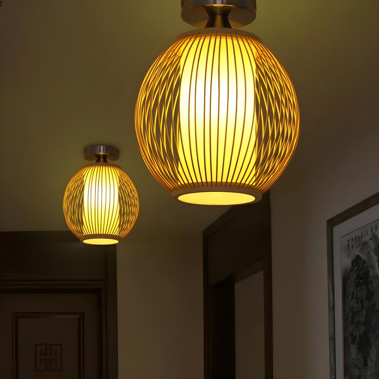 Hallway Traditional Wood Cage Globe Flush Mount Light Image - 1