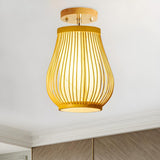 Hallway Traditional Wood Cage Globe Flush Mount Light Image - 3