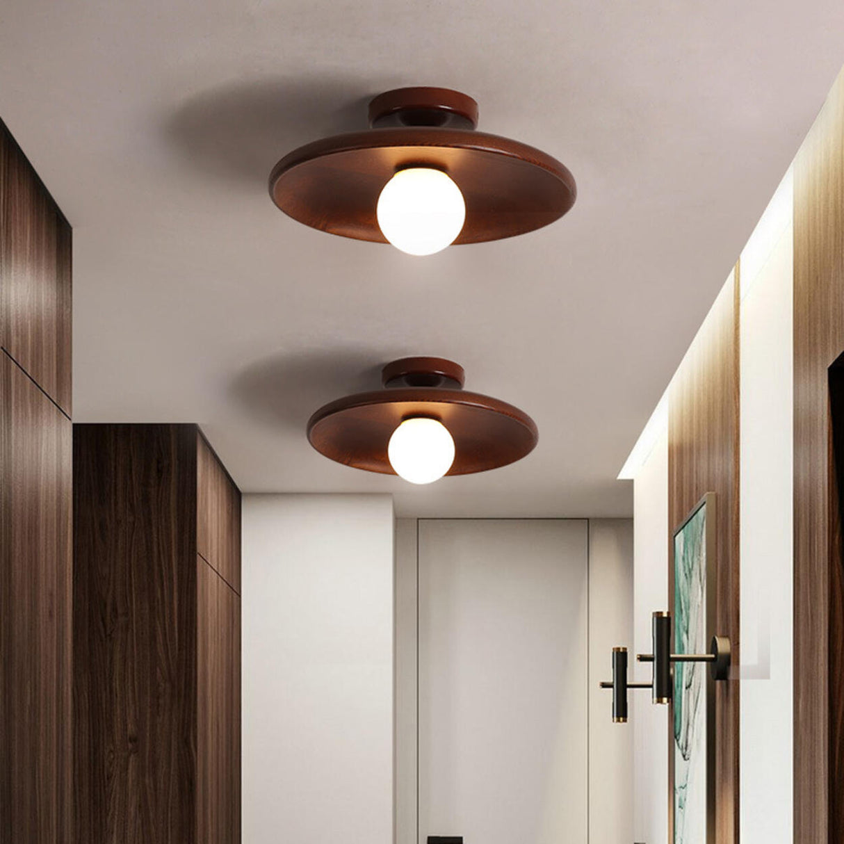 Hallway Walnut Solid Wood Semi-Flush Mount Ceiling Lamp Image - 4