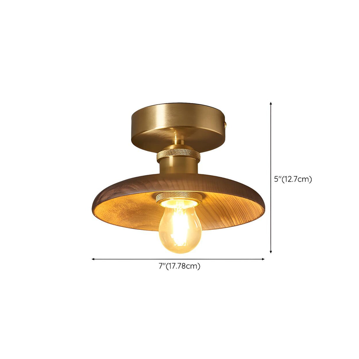 Hallway 	Walnut Wood Gold Cone Semi-Flush Mount Light 