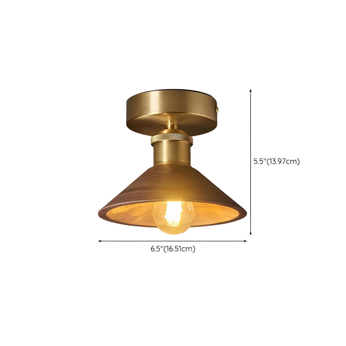 Hallway 	Walnut Wood Gold Cone Semi-Flush Mount Light Image - 13