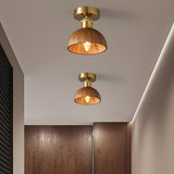 Hallway 	Walnut Wood Gold Cone Semi-Flush Mount Light Image - 3