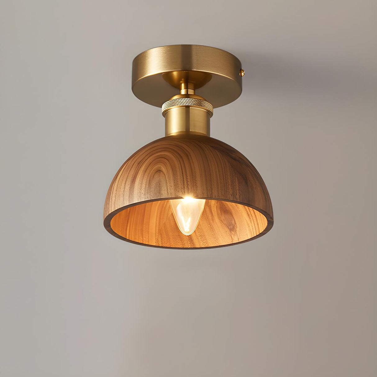 Hallway 	Walnut Wood Gold Cone Semi-Flush Mount Light Image - 6