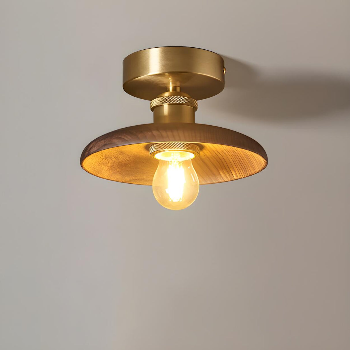 Hallway 	Walnut Wood Gold Cone Semi-Flush Mount Light Image - 8