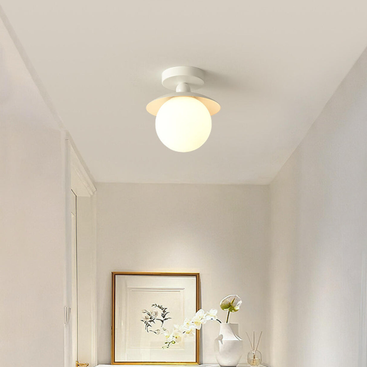 Hallway White Glass Ball Semi-Flush Mount Ceiling Light Image - 2