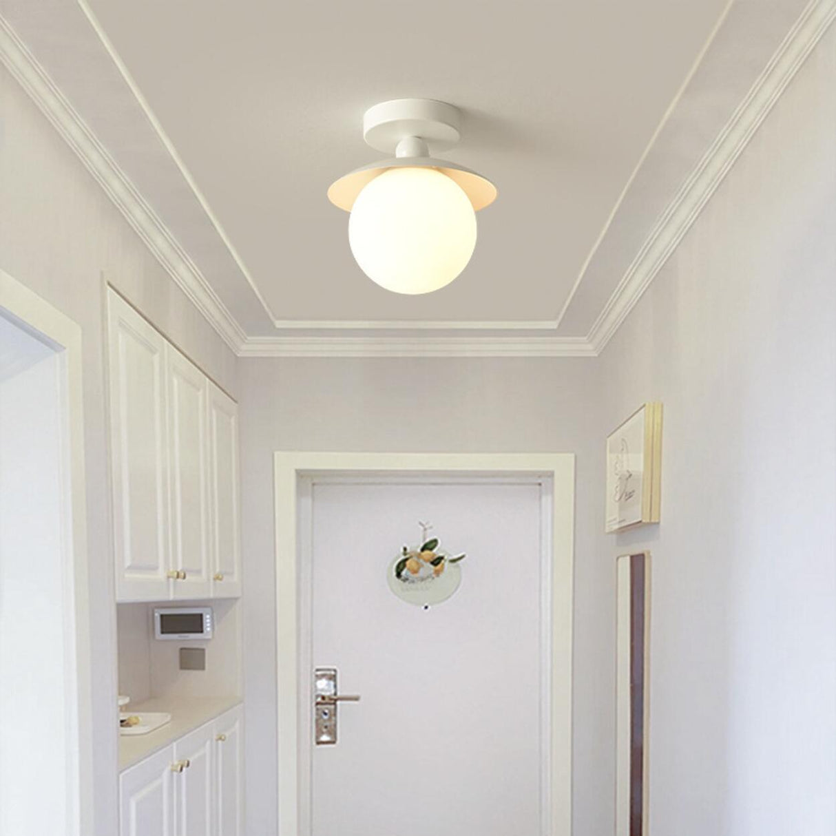 Hallway White Glass Ball Semi-Flush Mount Ceiling Light Image - 4