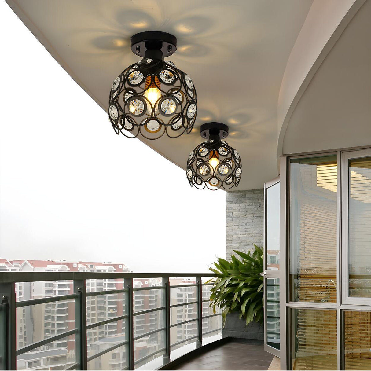 Hallway White Hollow Globe Crystal Semi-Flush Light Image - 5