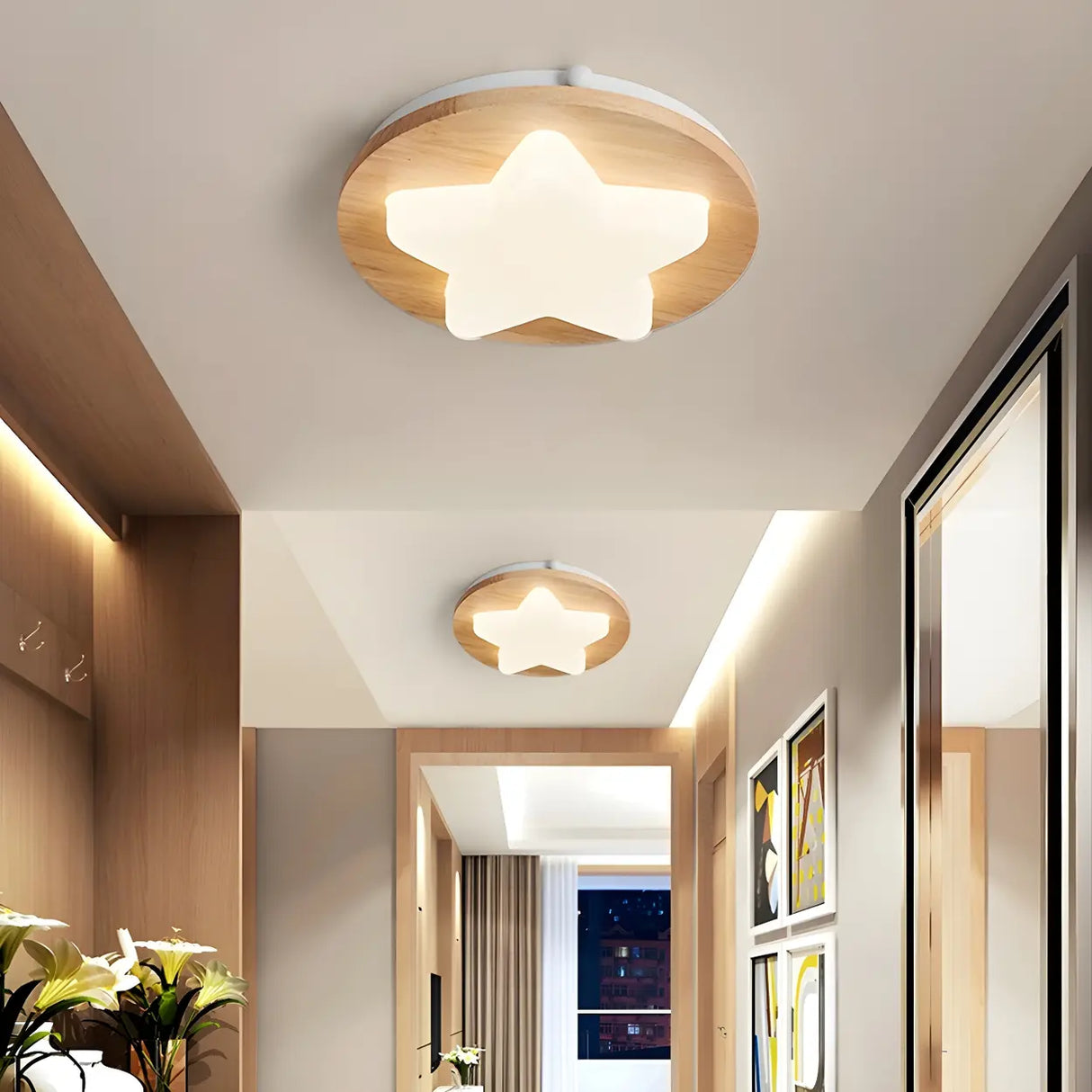 Hallway Wood Star Dimmable LED Flush Mount Ceiling Lamp Image - 1