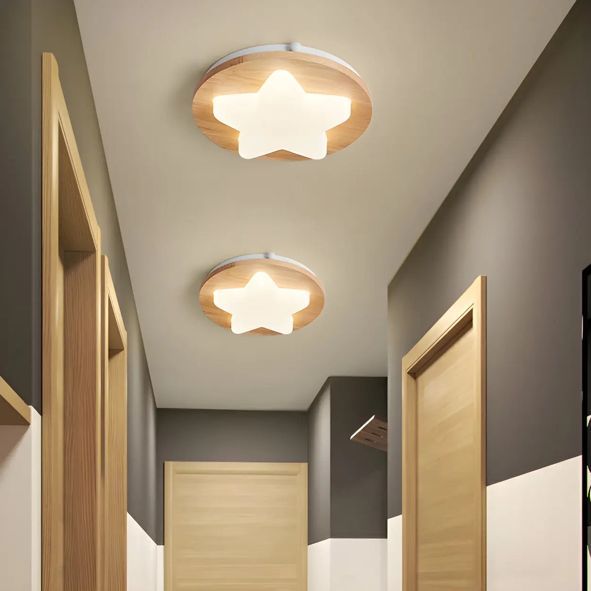 Hallway Wood Star Dimmable LED Flush Mount Ceiling Lamp Image - 14