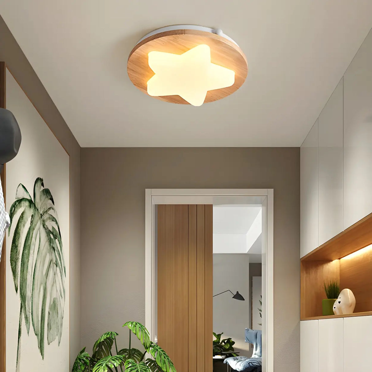 Hallway Wood Star Dimmable LED Flush Mount Ceiling Lamp Image - 16