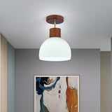 Hallway Wood White Glass Dome Semi-Flush Mount Light Image - 1