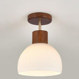 Hallway Wood White Glass Dome Semi-Flush Mount Light Image - 2