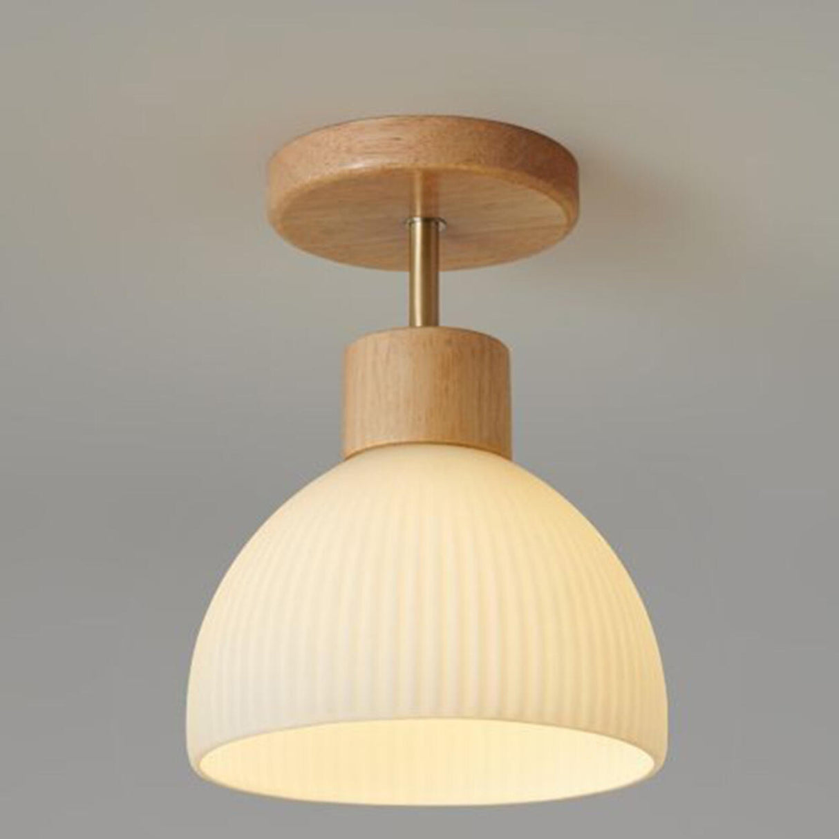 Hallway Wood White Glass Dome Semi-Flush Mount Light Image - 3