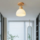 Hallway Wood White Glass Dome Semi-Flush Mount Light Image - 4