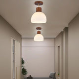 Hallway Wood White Glass Dome Semi-Flush Mount Light Image - 5