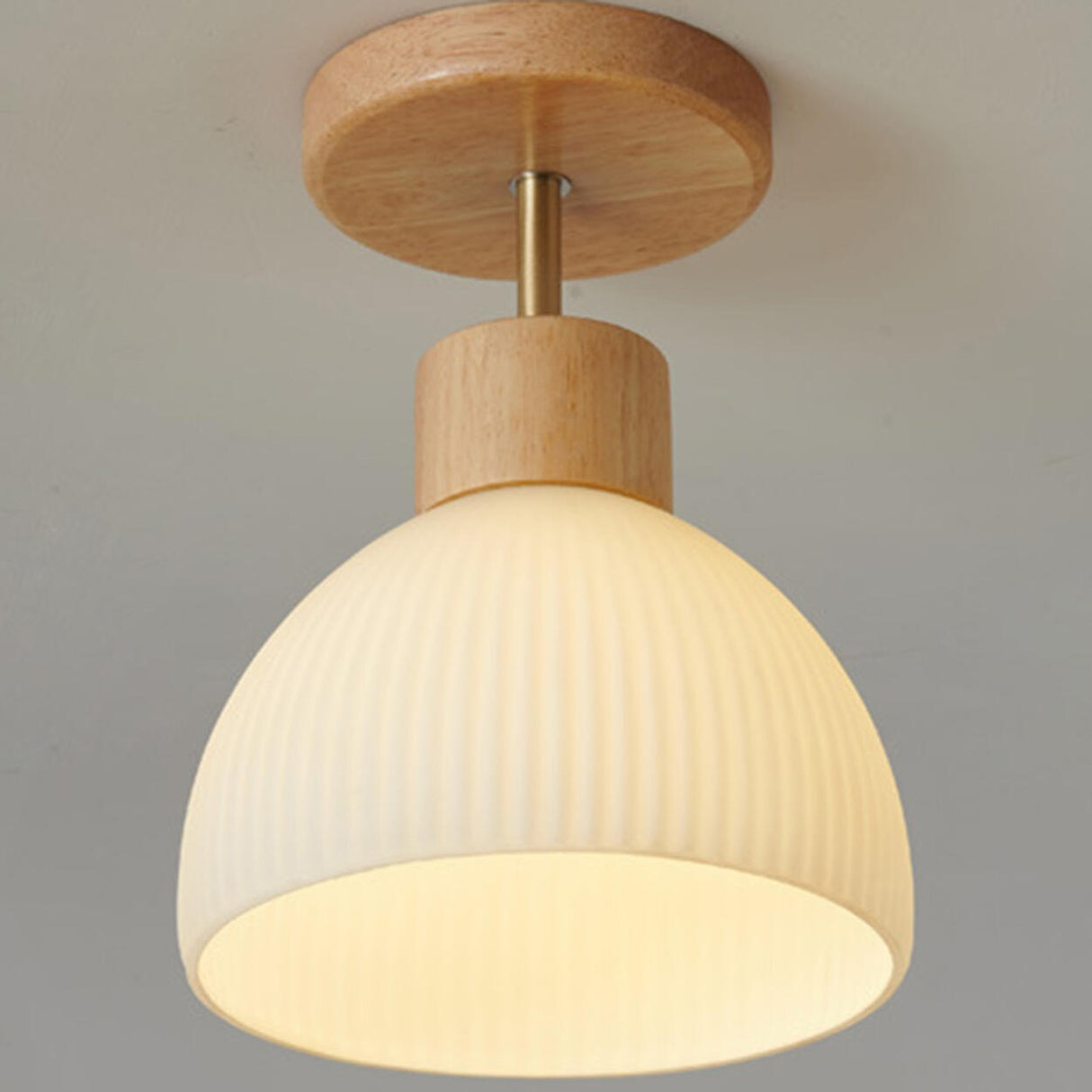 Hallway Wood White Glass Dome Semi-Flush Mount Light Image - 7