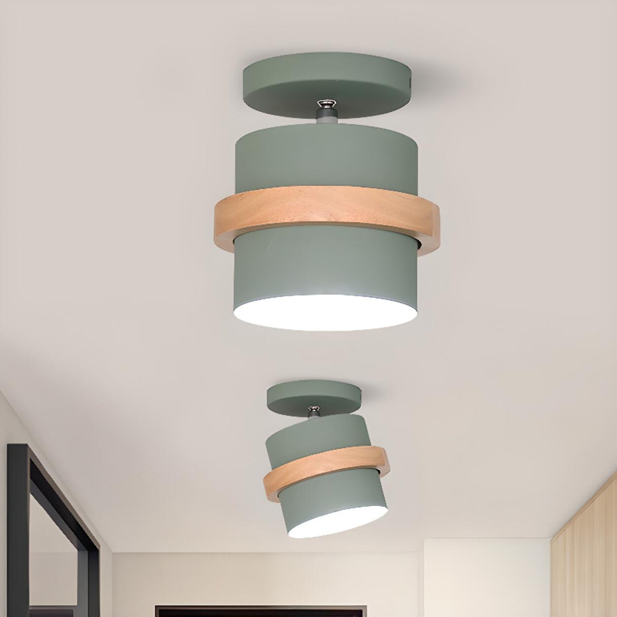 Hallway Wooden Green Cylinder Semi-Flush Mount Light Image - 1