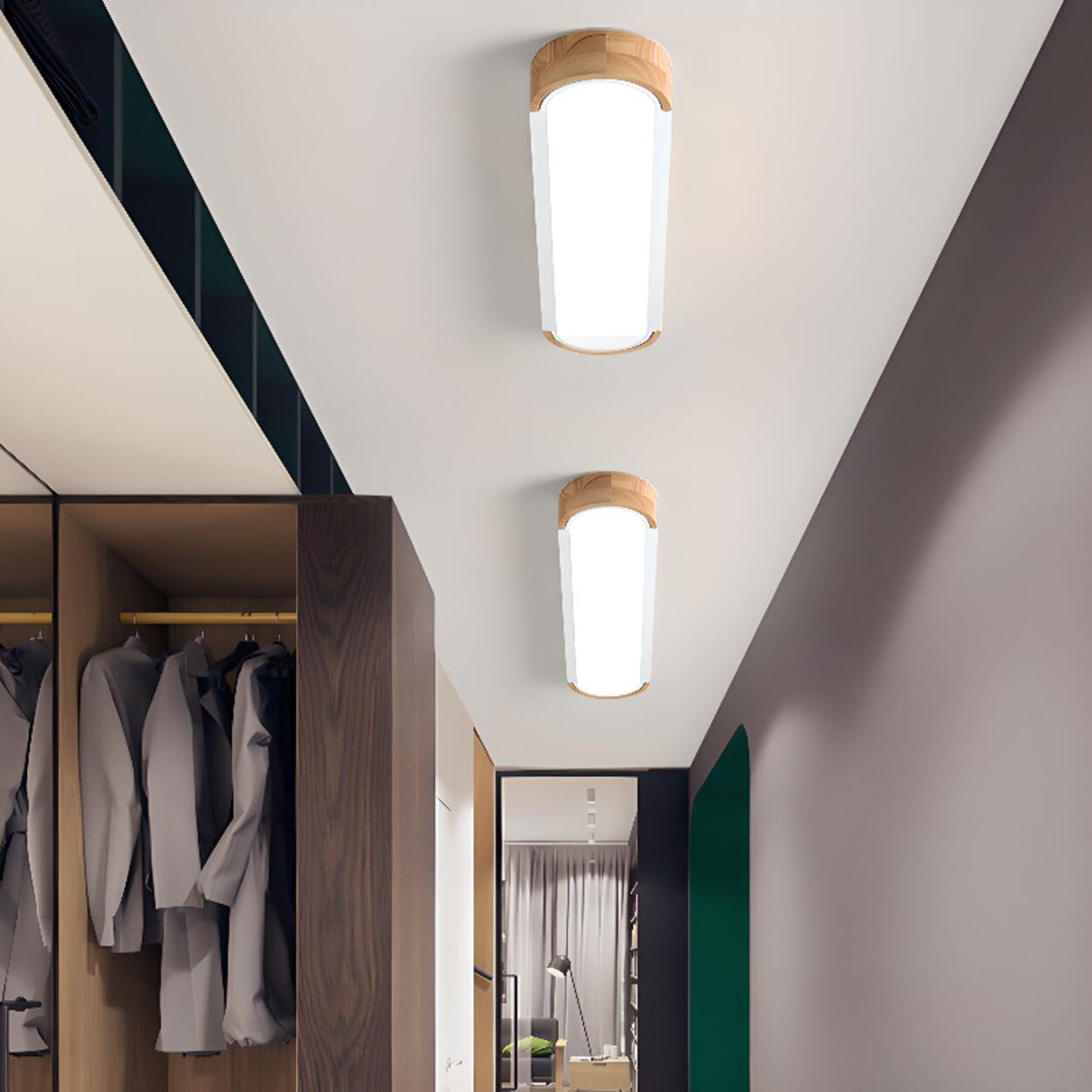 Hallway Wooden Rectangular Flush Mount Ceiling Light Image - 6