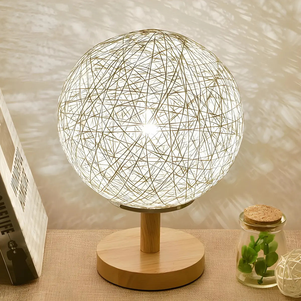 Hand-Woven Rattan Global Shade Wooden Base Table Lamp Image - 22