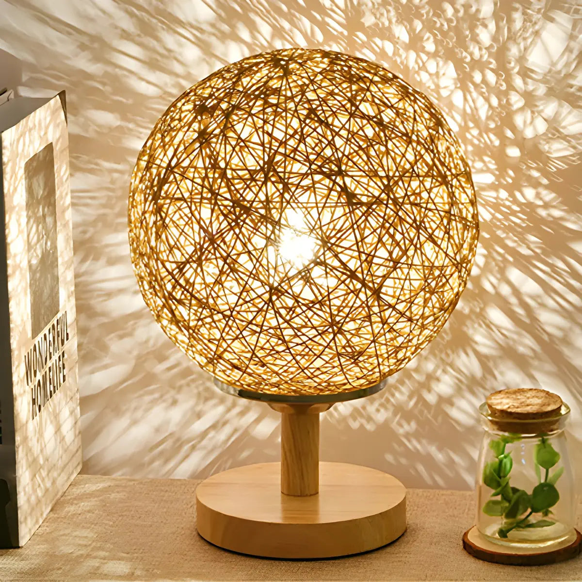 Hand-Woven Rattan Global Shade Wooden Base Table Lamp Image - 3