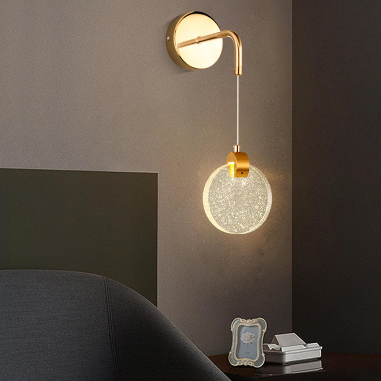 Hanging Crystal Gold Round Bedside LED Wall Sconce Image - 2