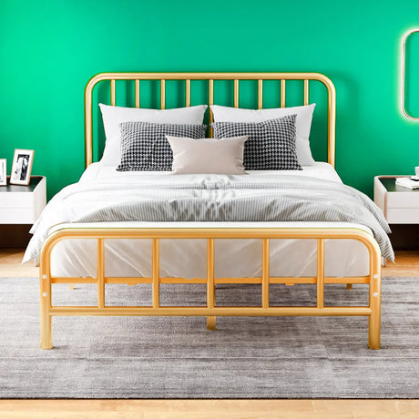 Headboard and Footboard Metal Gold Full Open-Frame Bed Image - 1