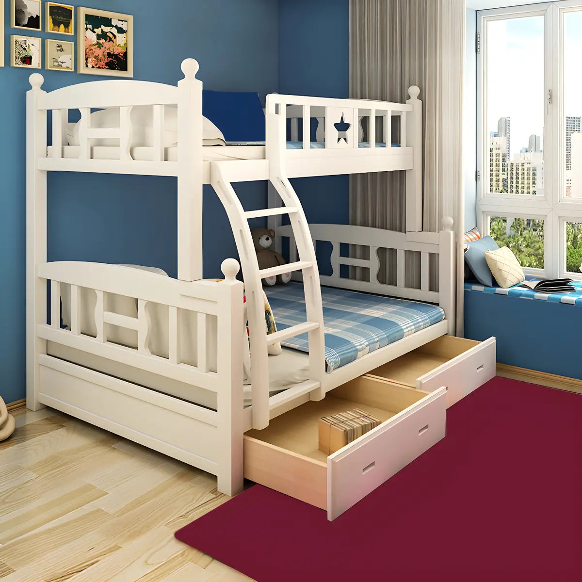 Headboard and Footboard White Wood Bunk Bed with Drawers Image - 10