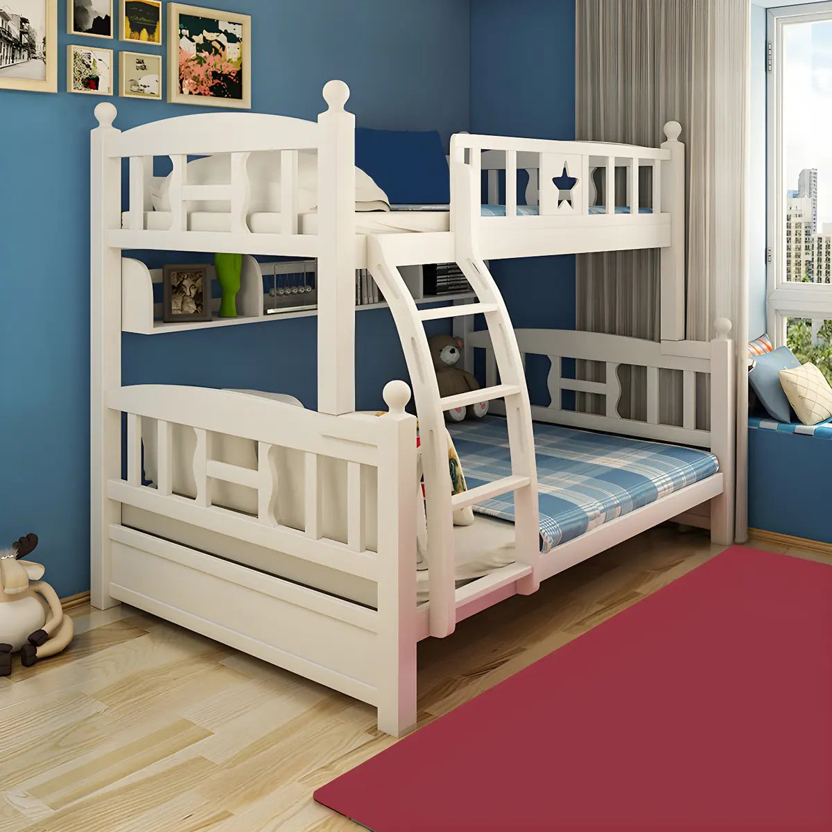 Headboard and Footboard White Wood Bunk Bed with Drawers Image - 11