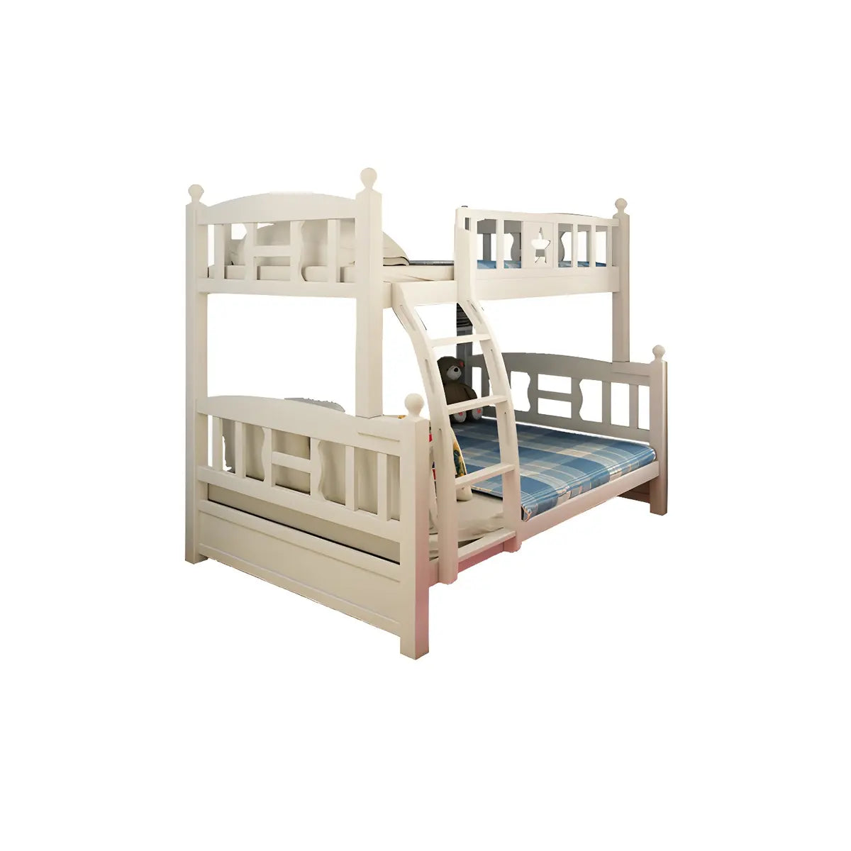 Headboard and Footboard White Wood Bunk Bed with Drawers Image - 12