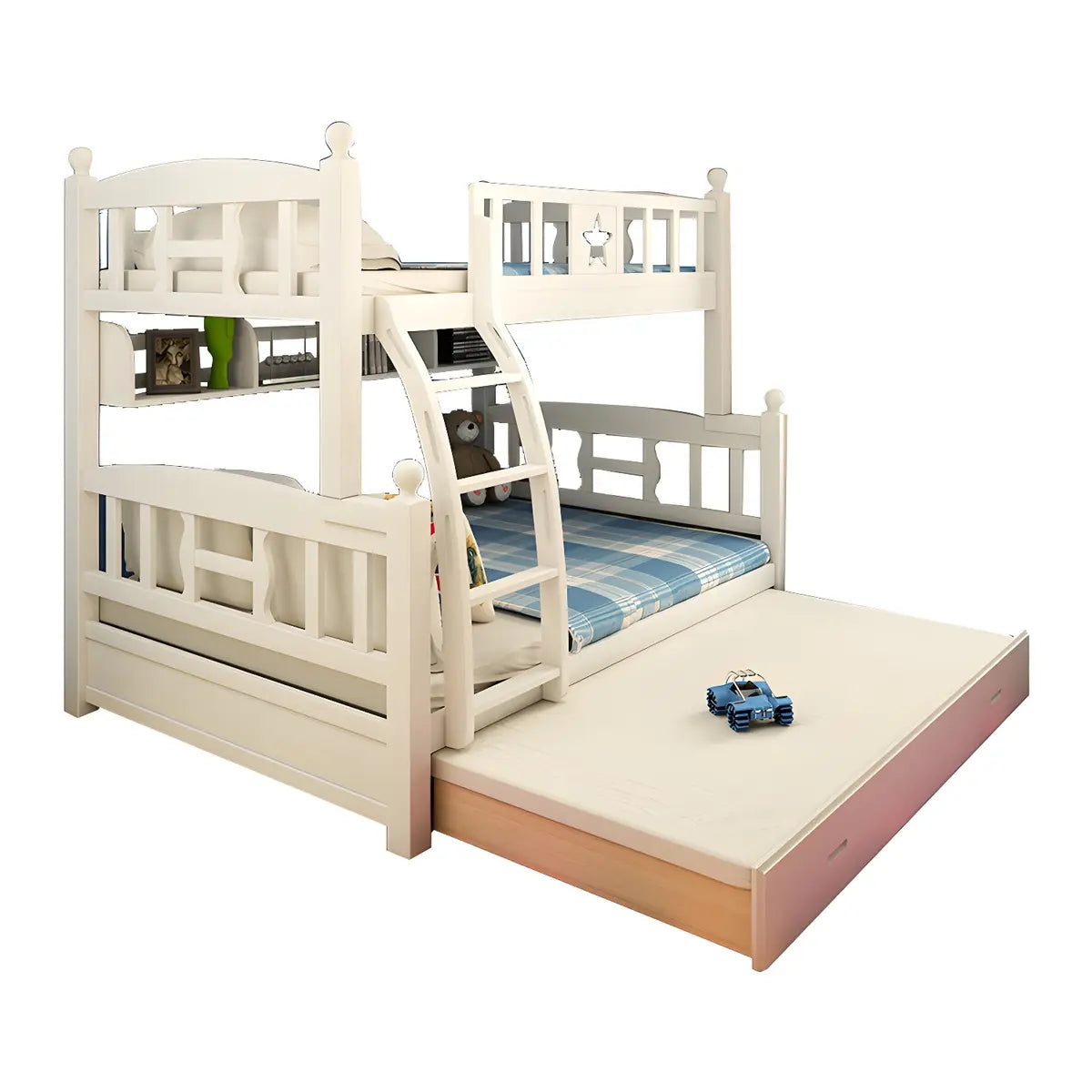 Headboard and Footboard White Wood Bunk Bed with Drawers Image - 13