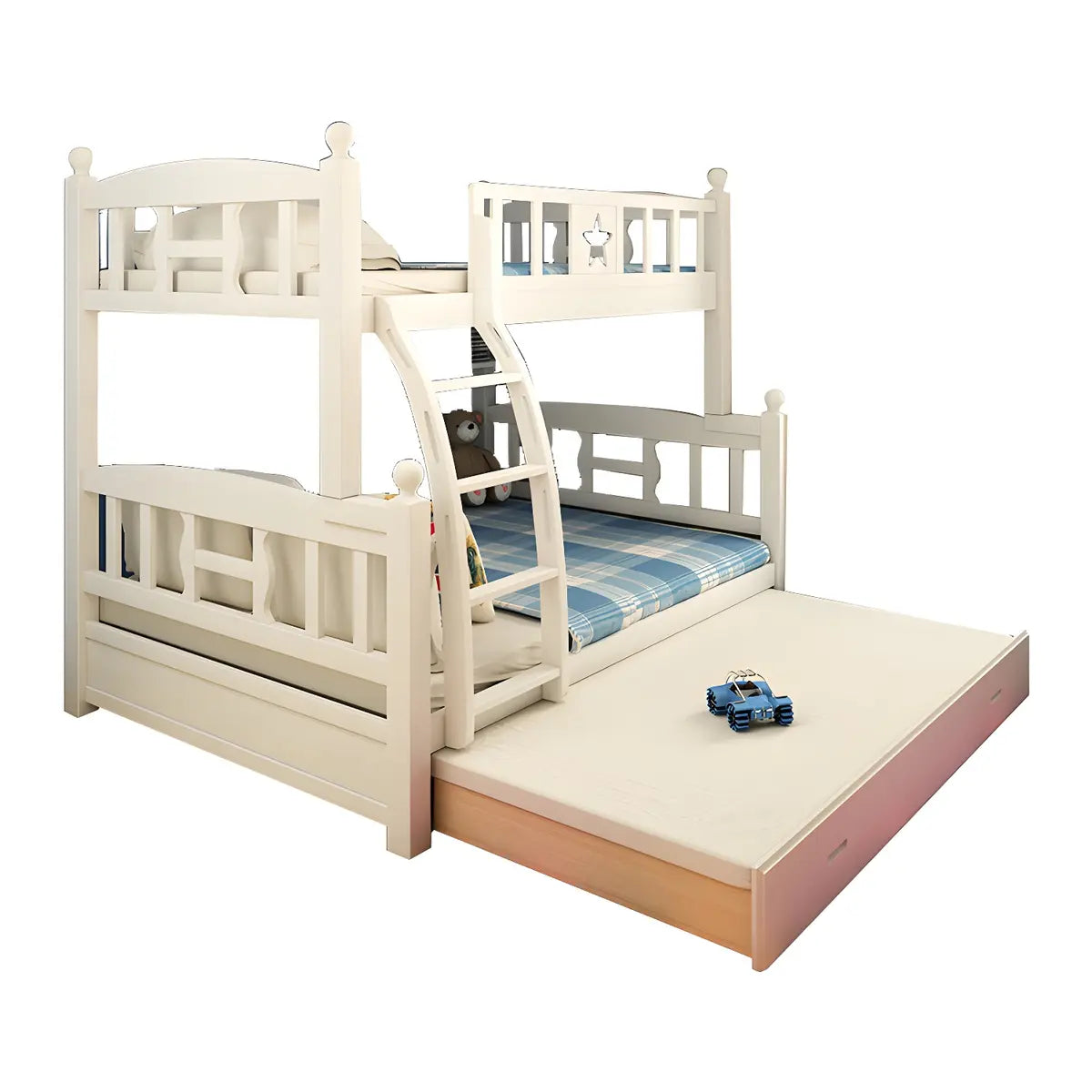 Headboard and Footboard White Wood Bunk Bed with Drawers Image - 14