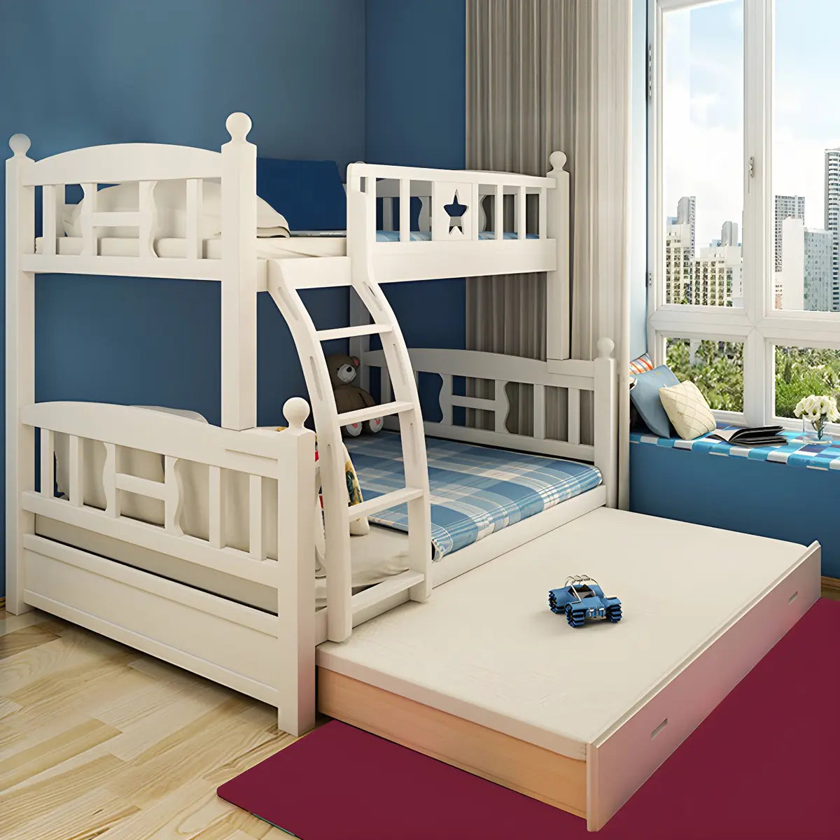 Headboard and Footboard White Wood Bunk Bed with Drawers Image - 2