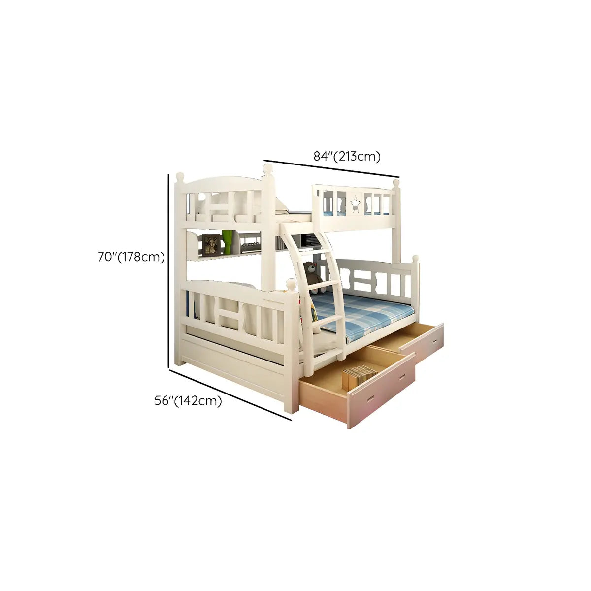 Headboard and Footboard White Wood Bunk Bed with Drawers Image - 21