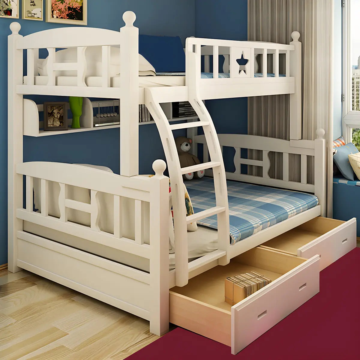 Headboard and Footboard White Wood Bunk Bed with Drawers Image - 3