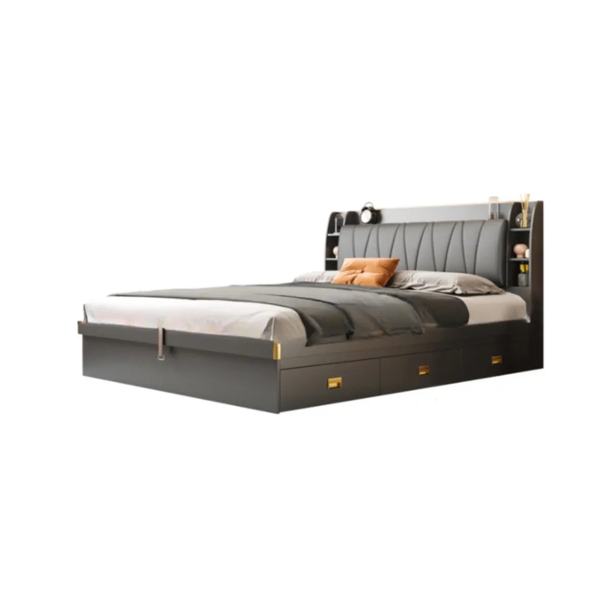 Headboard Grey Leather King Storage Panel Bed with Drawers Image - 12