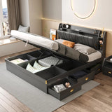 Headboard Grey Leather King Storage Panel Bed with Drawers Image - 2