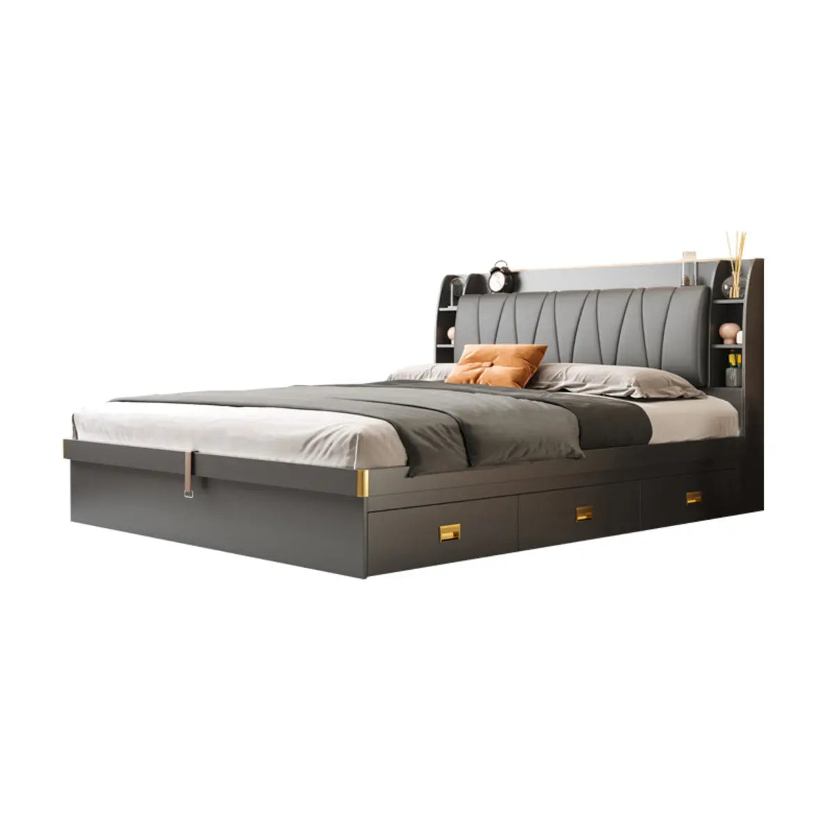 Headboard Grey Leather King Storage Panel Bed with Drawers Image - 4