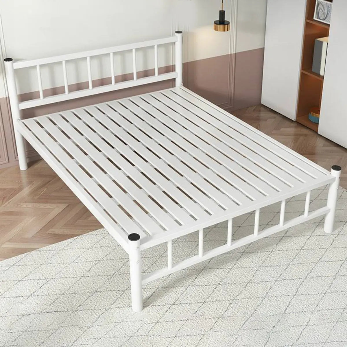 Headboard Rectangular Metal White Queen Open-Frame Bed Image - 3