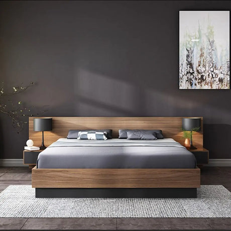 Headboard Wood Brown King Storage Bed with Mattress Image - 1