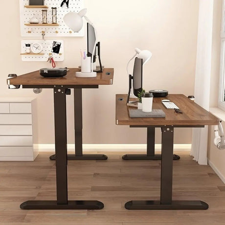 Height-Adjustable Walnut Wood T-Shape Standing Desk Image - 1