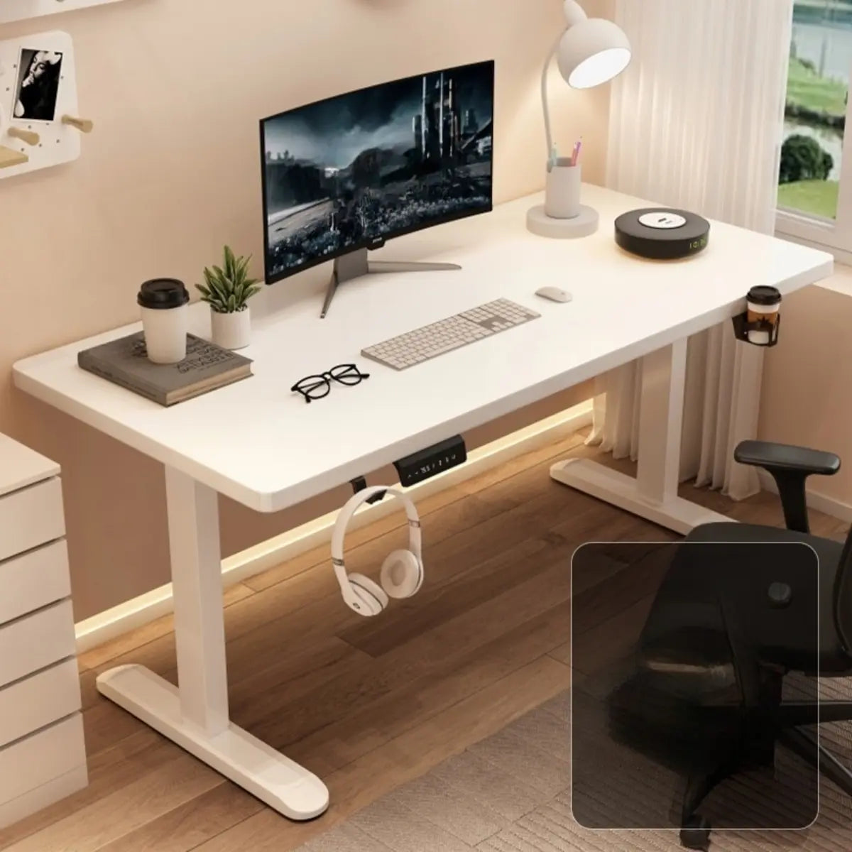 Height-Adjustable Walnut Wood T-Shape Standing Desk Image - 13