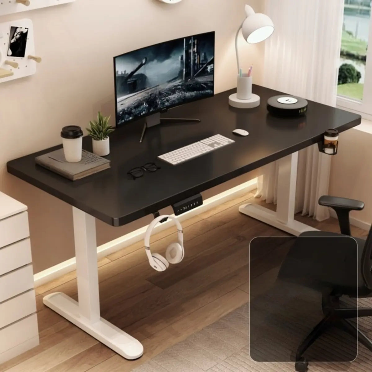 Height-Adjustable Walnut Wood T-Shape Standing Desk Image - 2