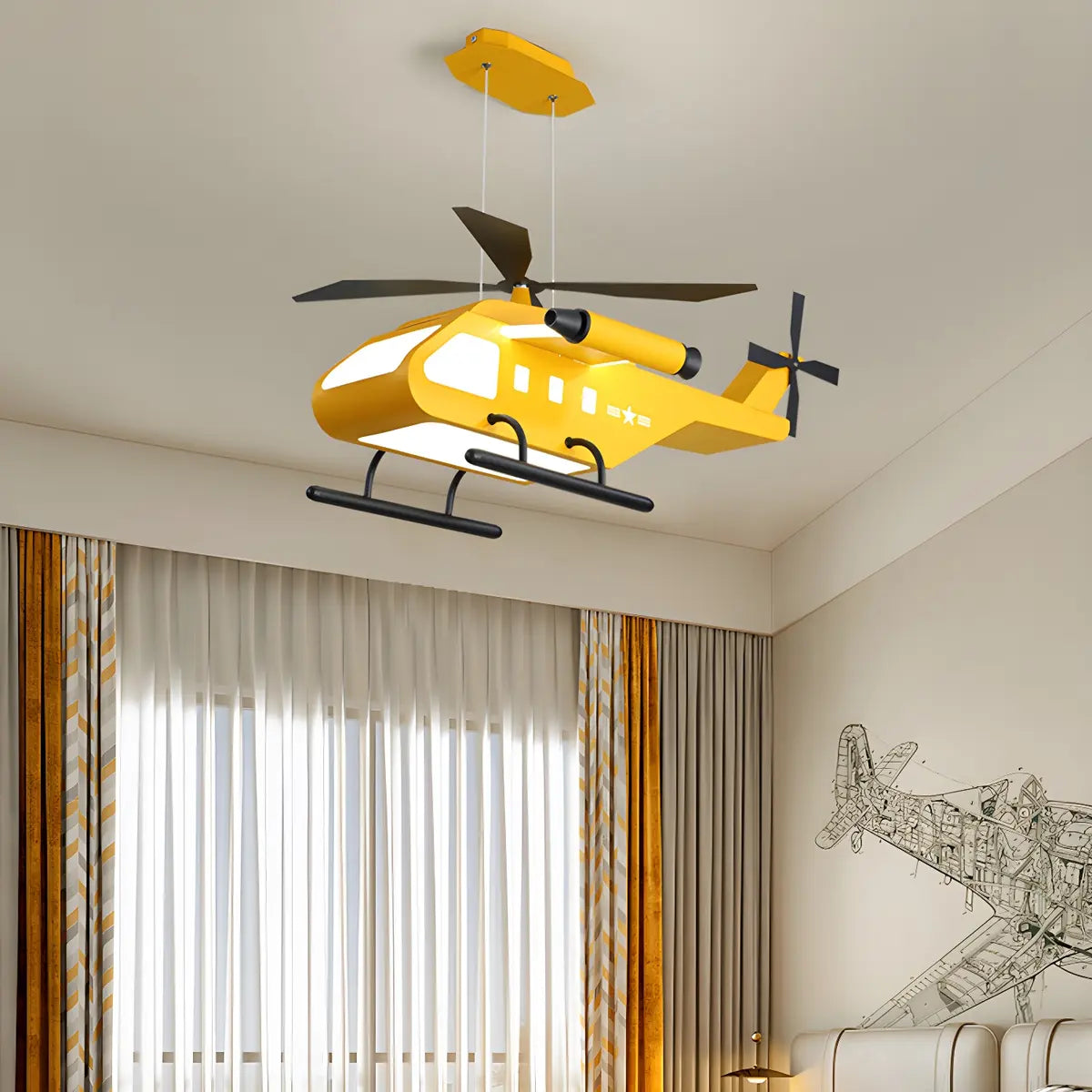 Helicopter Metal Kids Room Green LED Large Chandelier Image - 3