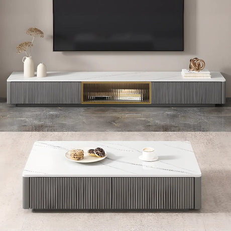 High Glossy Grey Stone Rectangle Drawers TV Stand Image - 1